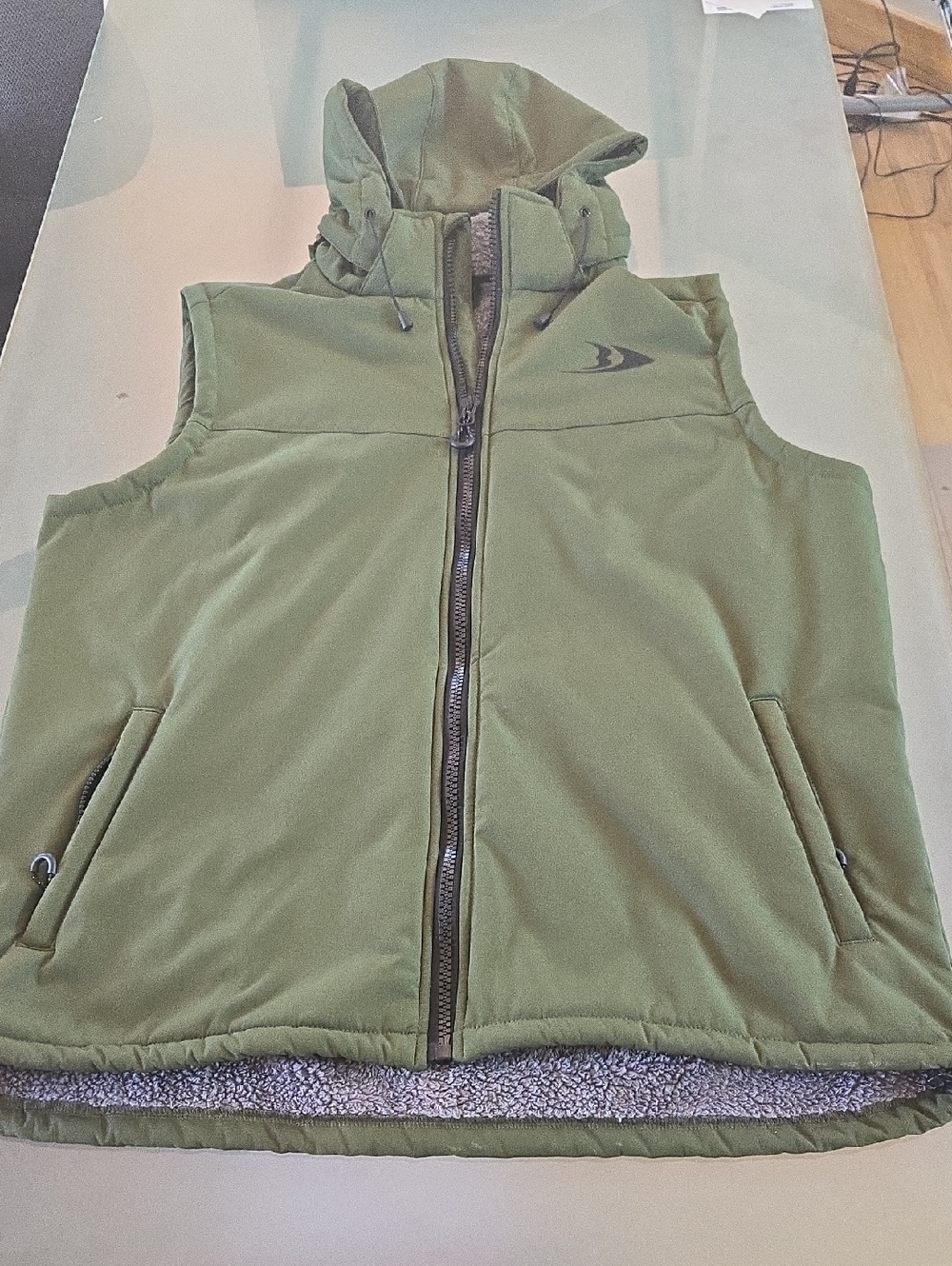 Black Olive Green Men's Hooded Fleece Vest with Sherpa Lining